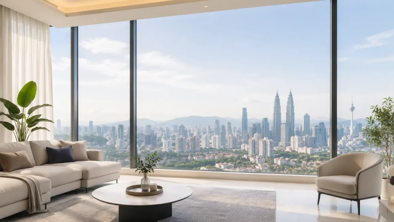 Bright condominium living room overlooking the Kuala Lumpur skyline